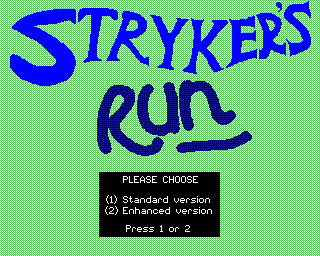 Strykers Run (BBC Micro) screenshot: Initial loading screen and game type selection.