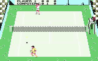 International Tennis (Commodore 64) screenshot: The computer player has to hit back the ball now.