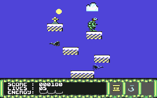 Tai Chi Tortoise (Commodore 64) screenshot: Finding a cross high on a platform
