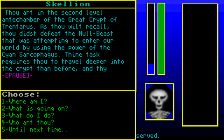 Skull Quest II: The Vortex (DOS) screenshot: The conversation screen, in Skull Quest II there's a picture of who you're talking to. This is the response to asking Skellion 'Where am I?'