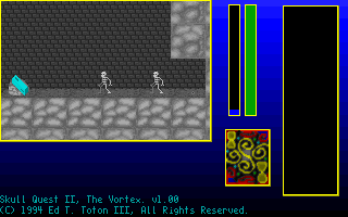 Skull Quest II: The Vortex (DOS) screenshot: The game has just started. That's Skellion over on the right and over on the left is an object of interest