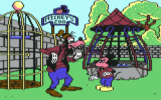 Mickey's Runaway Zoo (Commodore 64) screenshot: Yes, leaving the doors open was a bad idea, Goofy.