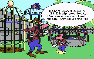 Mickey's Runaway Zoo (Commodore 64) screenshot: Mickey will help Goofy out.