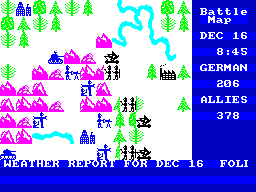 The Bulge: Battle for Antwerp (ZX Spectrum) screenshot: Battle begins - Dec 16th Germans begin attack. Weather report scrolling at bottom