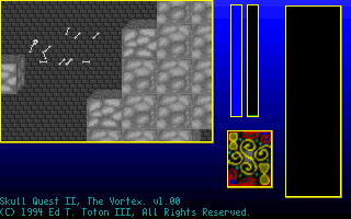Skull Quest II: The Vortex (DOS) screenshot: Mistiming a jump results in a messy end.