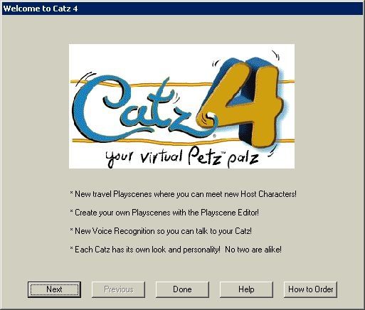 Catz 4 (Windows) screenshot: When the game loads for the first time the player sees two 'Welcome' screens pointing out new features. The second screen is an advert for Dogz 4