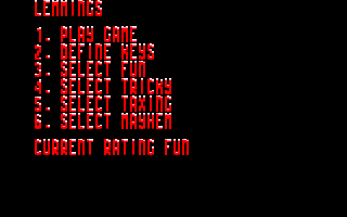 Lemmings (Amstrad CPC) screenshot: Main menu