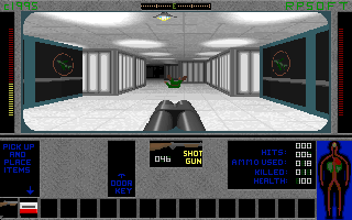 Space Station Escape (DOS) screenshot: Starting level 2. The bad guys here wear green but they still fall to the long range shot gun blast