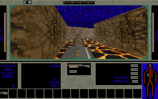 The Maze! (DOS) screenshot: This is more like it. Exploring while looking over a reassuring gun barrel. Bad news is there's only two bullets.