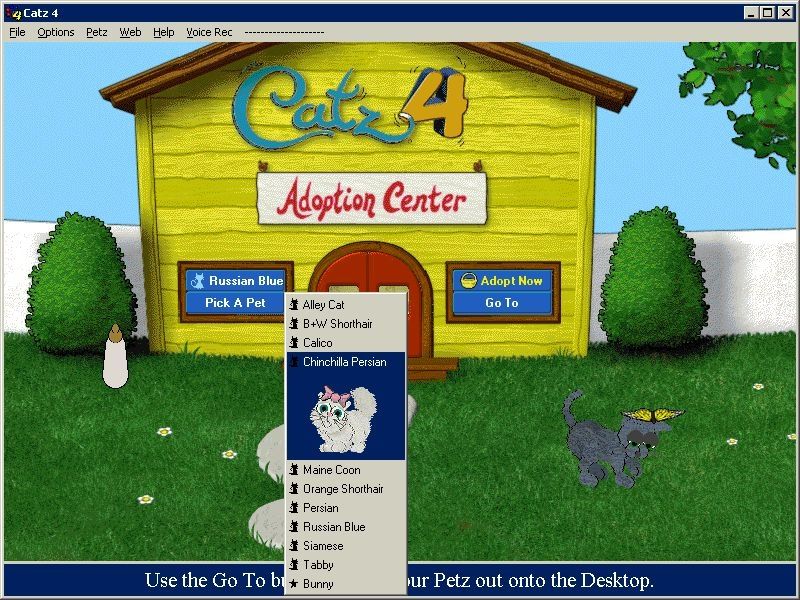 Catz 4 (Windows) screenshot: The adoption centre. Voice recognition is enabled and configured via the menu bar