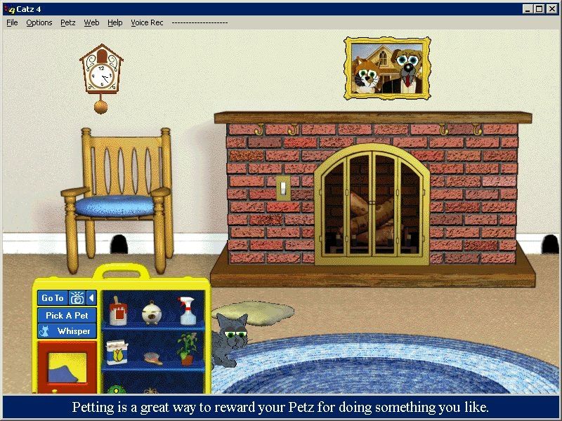 Catz 4 (Windows) screenshot: The cat has been taken home. The clock shows the current time. Various things here can be activated, the switch turns the fire on, the picture can be taken down etc.