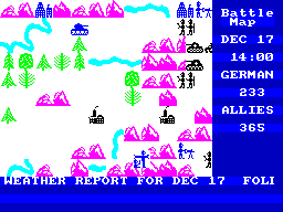 The Bulge: Battle for Antwerp (ZX Spectrum) screenshot: Allied forces falling back - turn phases moving into Dec 17th and new weather report