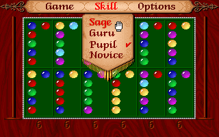 Kalah (DOS) screenshot: Selecting the skill from top menu