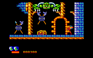 Defenders of the Earth (Amstrad CPC) screenshot: The green monsters spits at you.