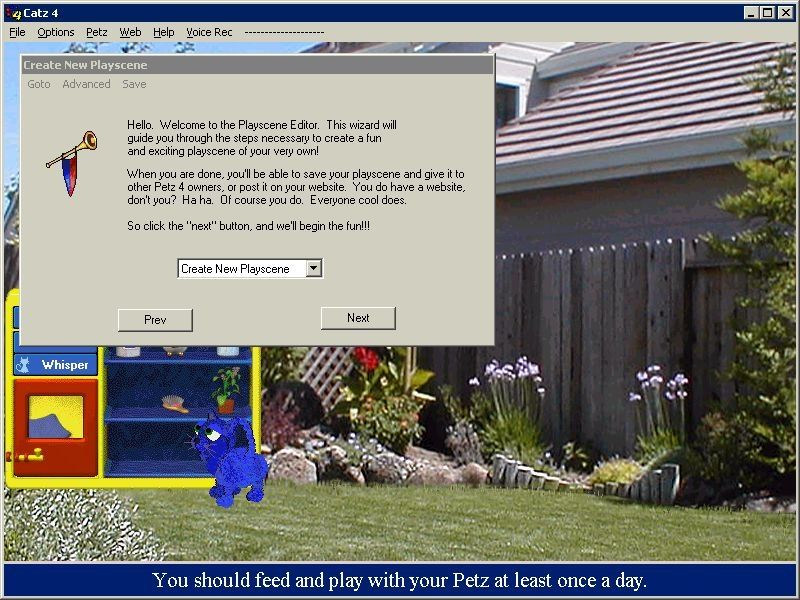 Catz 4 (Windows) screenshot: There's a play scene editor which allows the player to create their own plaver to play with their cat