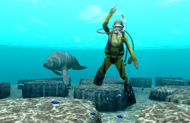 Endless Ocean: Blue World (Wii) screenshot: My co-diver waves for a photo while a Manatee photo-bombs the image.