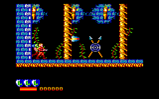 Defenders of the Earth (Amstrad CPC) screenshot: Start: fast enemies attack you from both sides at once.