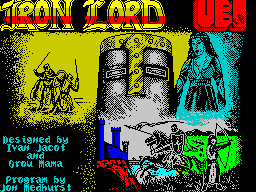 Iron Lord (ZX Spectrum) screenshot: This is the game load screen. It displays for quite a while after the game has loaded while the game plays music. It goes when the player presses 0 (zero)