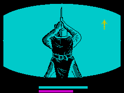 Iron Lord (ZX Spectrum) screenshot: This is the combat screen. Using the numeric keys the player must attack or block the assassins sword