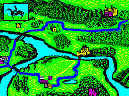 Iron Lord (ZX Spectrum) screenshot: Selecting the yellow house just off centre of the screen. The game plays a little animation in the top left window and moves a small pale blue dot along the road to the destination
