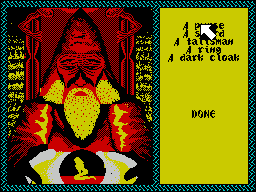 Iron Lord (ZX Spectrum) screenshot: This is the inventory screen, its accessed from the same menu as the dialogue