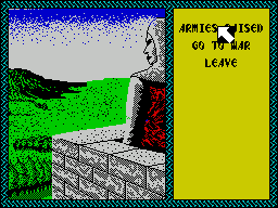 Iron Lord (ZX Spectrum) screenshot: Once in the tower the scene changes to a view of the landscape. Here the player can review the armies raised so far and issue a command to go to war