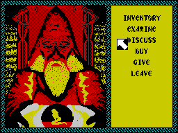 Iron Lord (ZX Spectrum) screenshot: In one of the houses is a mysterious old man. The player must use the number keys to select an option from the menu