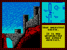 Iron Lord (ZX Spectrum) screenshot: The big yellow house is the players ancestral home, bit of a dump now though. The window in the top right shows the player moving about a map of the location