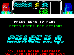 Chase H.Q. (ZX Spectrum) screenshot: Having selected the Kempston Joystick as a controller the player then gets this menu. Enter returns to the previous screen, 'FIRE' on the joystick (which is gear change in the game) starts the chase
