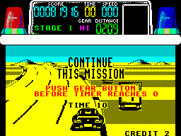 Chase H.Q. (ZX Spectrum) screenshot: Eventually time is up, but there's always a chance to restart