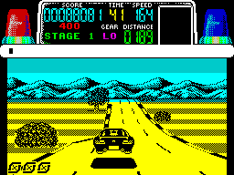 Chase H.Q. (ZX Spectrum) screenshot: The car leaves the road when it flies over a hump in the road which is a nice touch