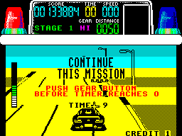 Chase H.Q. (ZX Spectrum) screenshot: Time up again. Plenty of damage caused to the bad guys car but not quite enough to stop it