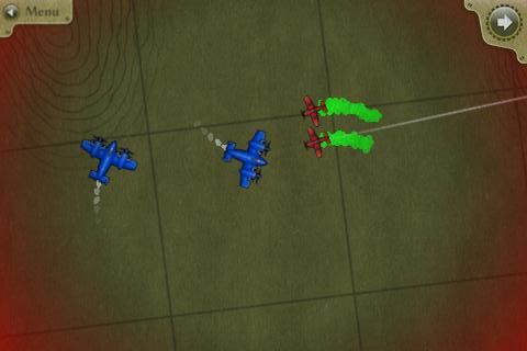 SteamBirds (iPhone) screenshot: Taking fire from a twin engine while laying toxic smoke trail