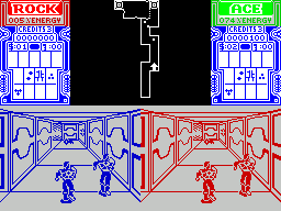 Xybots (ZX Spectrum) screenshot: Both together now. There's a key up ahead to be collected