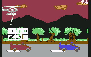 Wetten Dass..? (Commodore 64) screenshot: Place the parts of the sign in correct order from one car onto the other.