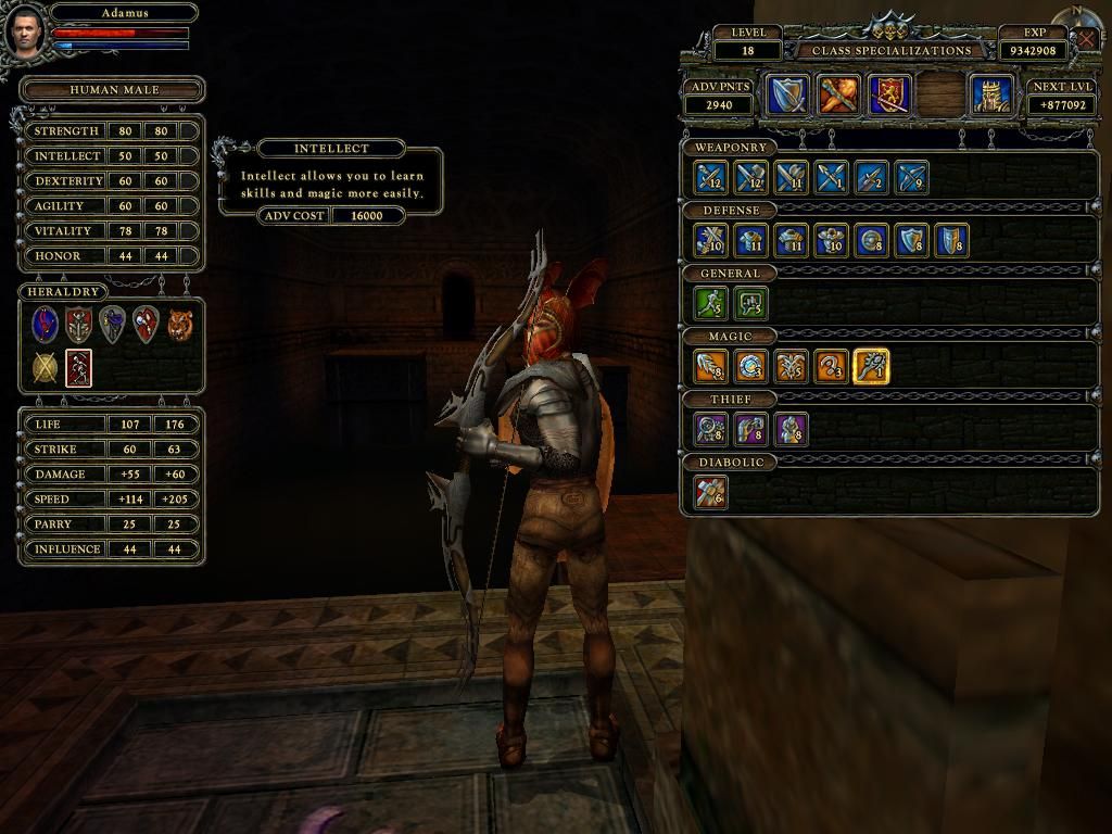 Dungeon Lords (Windows) screenshot: A reasonably well-trained male human character, mid-game. To the left are base attributes; to the right are proficiencies and skills