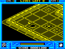 Incredible Shrinking Sphere (ZX Spectrum) screenshot: There's around 20 different symbols to pass over that do things like increase/decrease mass, volume, shields This one is like a bumper in pinball - the ball rebounds from it at speed