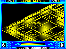 Incredible Shrinking Sphere (ZX Spectrum) screenshot: Here squares that have been rolled over have disintegrated. Rolling back onto them destroys the ball and costs a life
