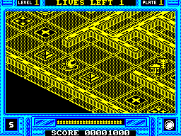 Incredible Shrinking Sphere (ZX Spectrum) screenshot: This square is a wormhole onto another plate in this level