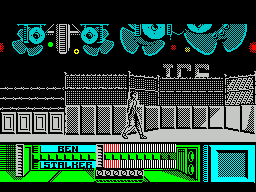 The Running Man (ZX Spectrum) screenshot: Finally the game starts. Arnie must move quickly before a guard dog comes along. Level 1 is the Ice Rink level