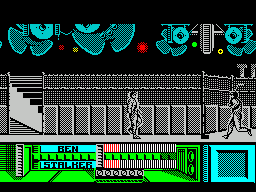 The Running Man (ZX Spectrum) screenshot: The hockey player will drop Arnie but so will the puck