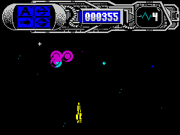 Dominator (ZX Spectrum) screenshot: The ship switches to a side on view when moving left / right