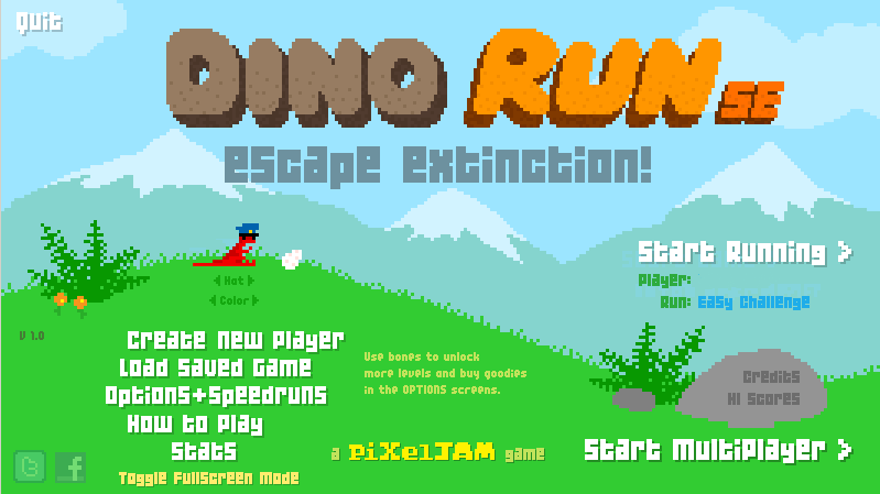 Dino Run SE (Windows) screenshot: The main screen of Dino Run SE, featuring your raptor and the various options.