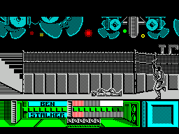 The Running Man (ZX Spectrum) screenshot: Being knocked down is a pain because the enemies tend to run back just as Arnie is getting up and knock him down again before the player can react