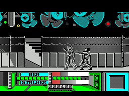The Running Man (ZX Spectrum) screenshot: Even when Arnie knocks hockey man down he's up in a trice and attacking from behind