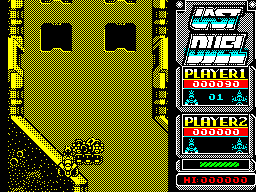Last Duel: Inter Planet War 2012 (ZX Spectrum) screenshot: having been destroyed by the gun emplacement I restarted just behind it