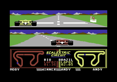 Slot Car Racer (Commodore 64) screenshot: The game stops when either player completes the required number of laps and get to the finish line