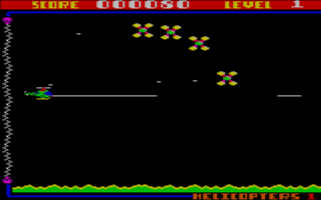 Nuclear Heist (Amstrad CPC) screenshot: Here's the helicopter firing laser beams, and there are the aliens
