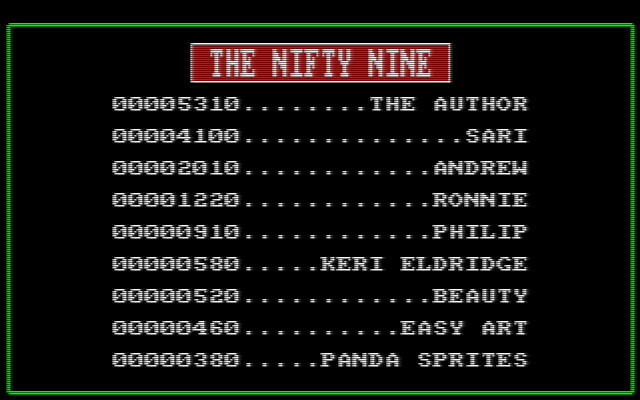 Nuclear Heist (Amstrad CPC) screenshot: The Nifty Nine, also known as the High Score table