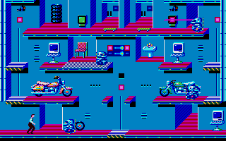 Impossible Mission II (DOS) screenshot: Elvin has two motorcycles in this room. (MCGA / VGA)